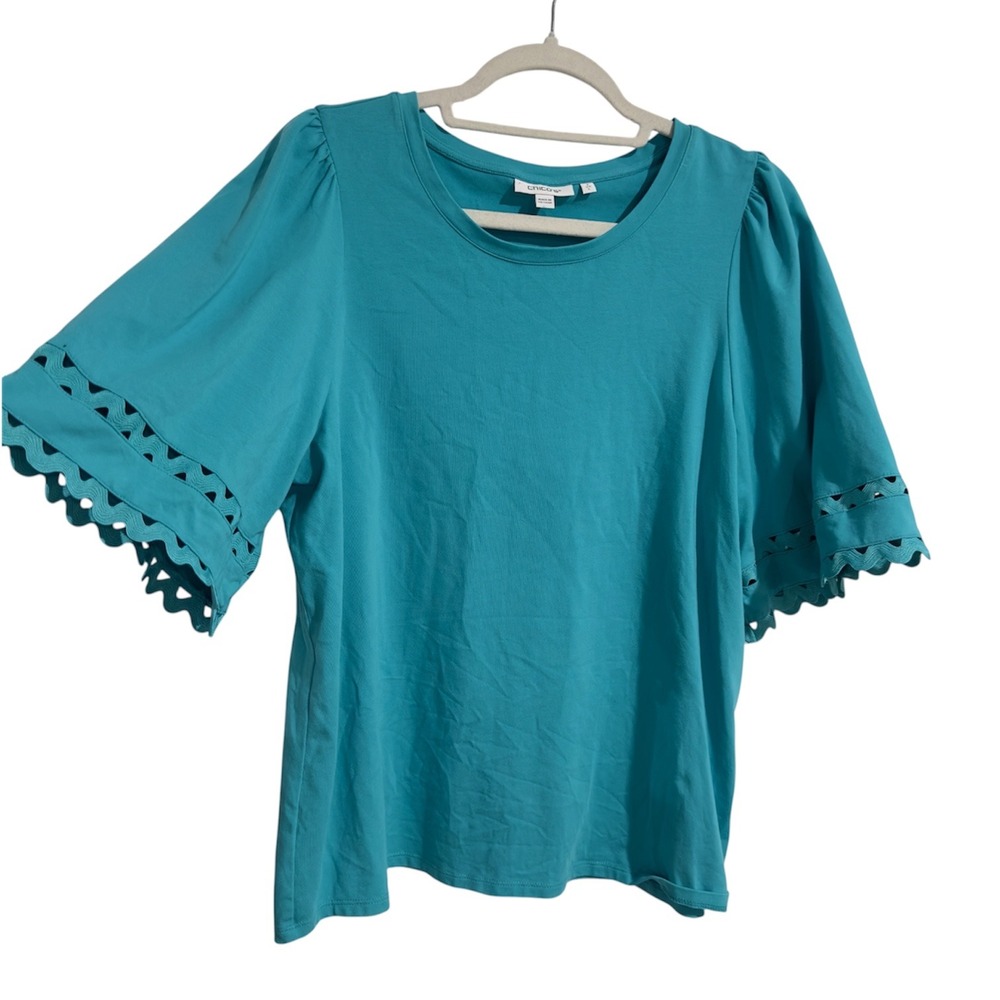 Chicos Teal Blue Eyelet Scallop Sleeve Top Size 2 Large Cotton Blend Puff Sleeve